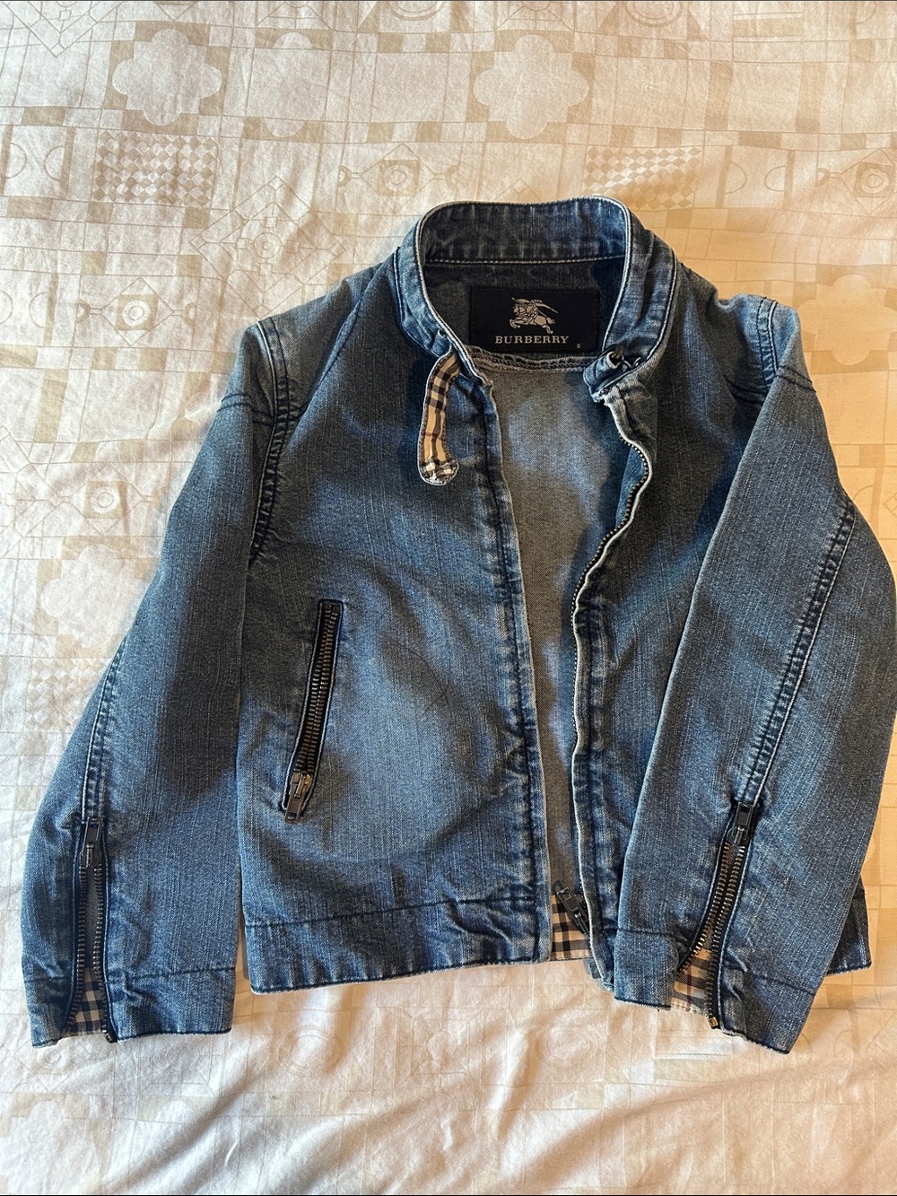 Burberry Kids Blue Denim Jean Jacket with Check Trim